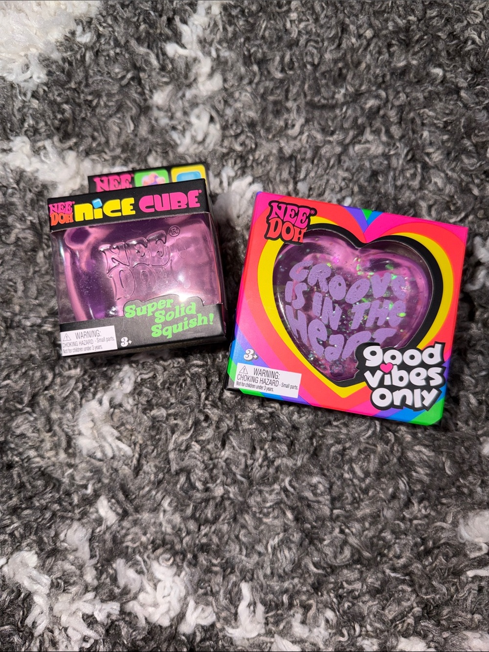 NIB Nee Doh Nice Cube & Heart Squishies - Purple Glitter Set